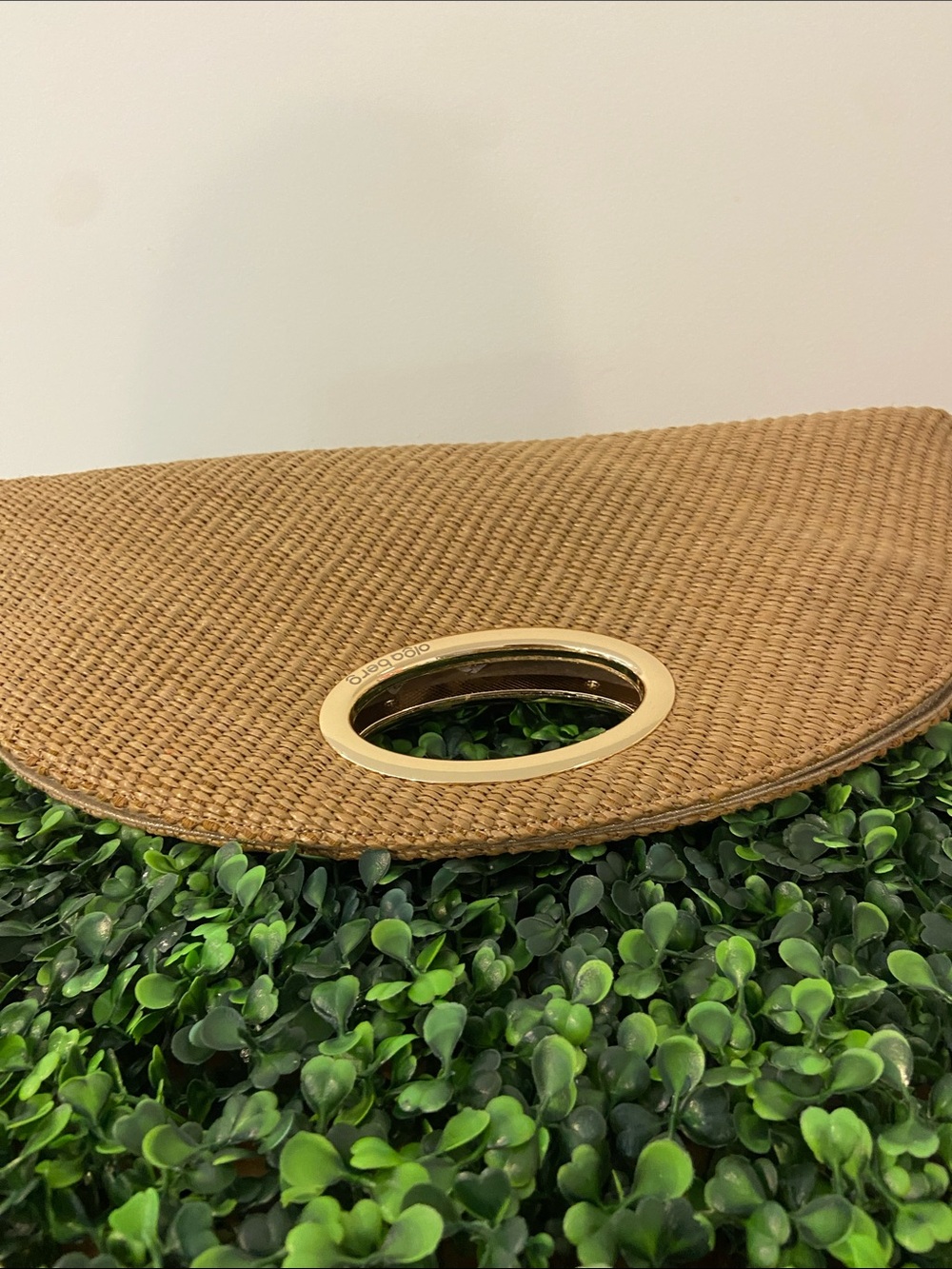 Olga Berg Tan Woven Half-Moon Clutch with Gold Oval Handle - Picture 6 of 7